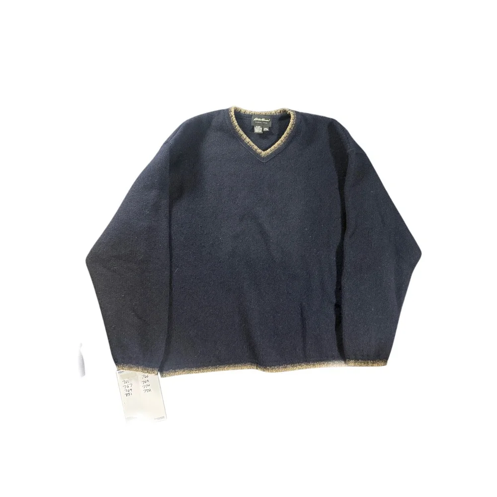 Eddie Bauer Mens XL V-Neck Wool Blend Sweater Navy Blue Made in USA Vintage